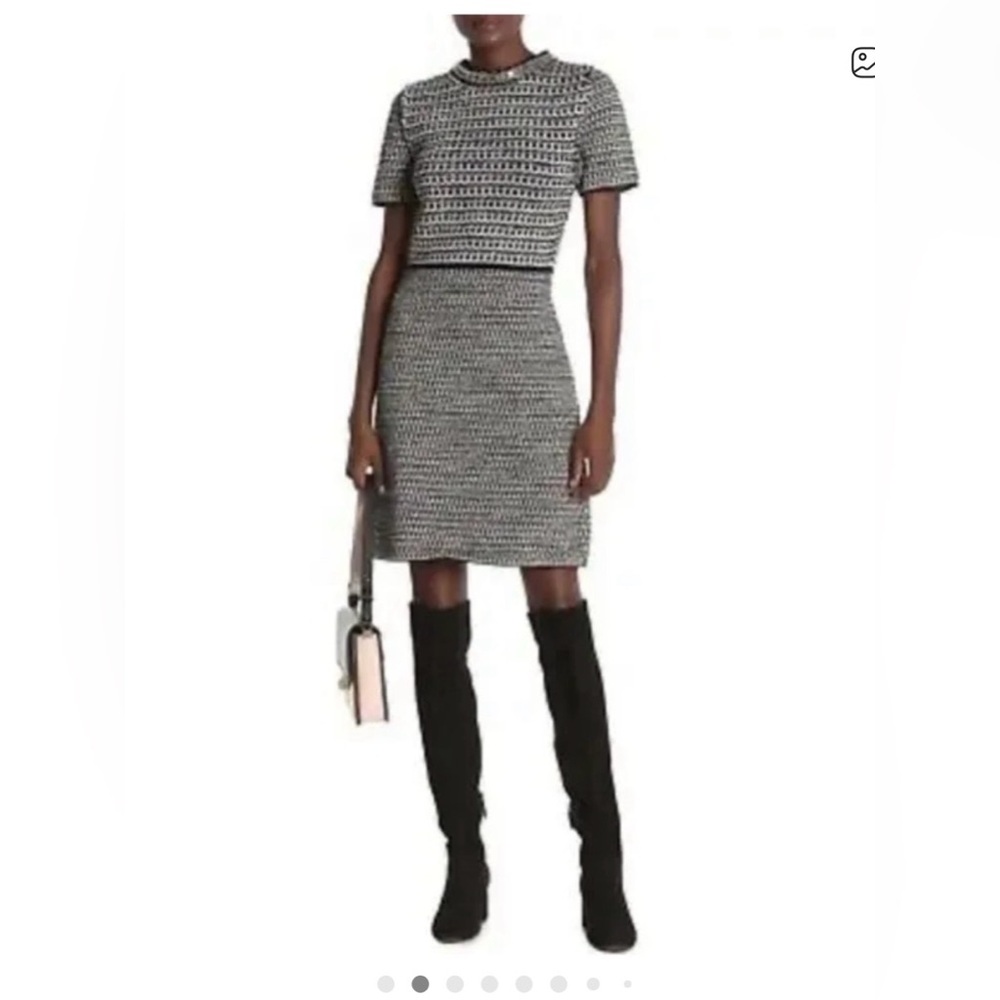 Tory Burch Tweed Knit Black, White and Silver Textured Dress with Sequin Trim